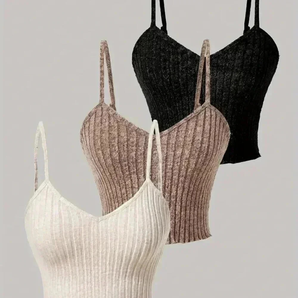 (3 Pack) V Neck Ribbed Sleeveless Tank Top (Mixed Colors)